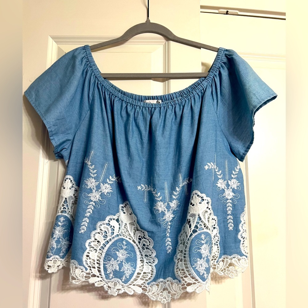 Denim & Lace Cropped Off the Shoulder Blouse